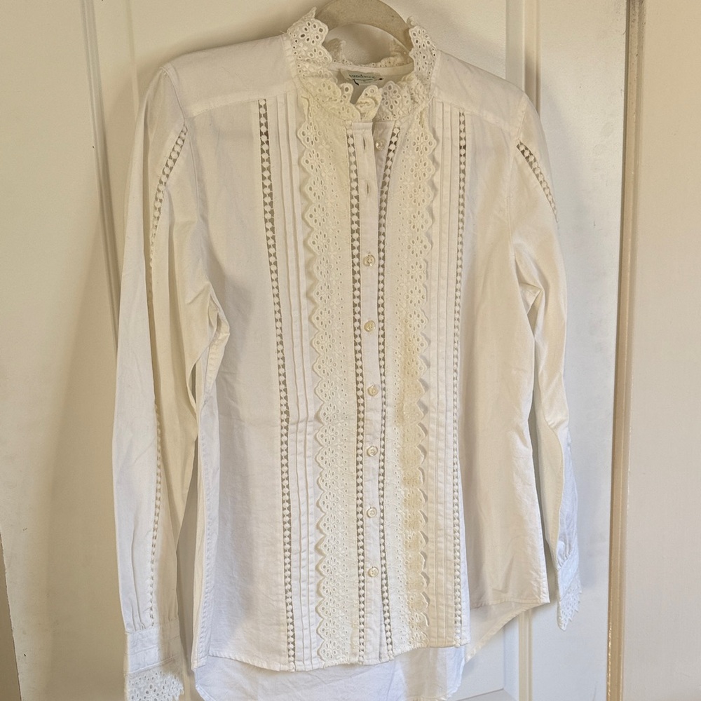 NEW! Women's 100% Corton White Lace-Trim Button Front Blouse Sundance Catalog